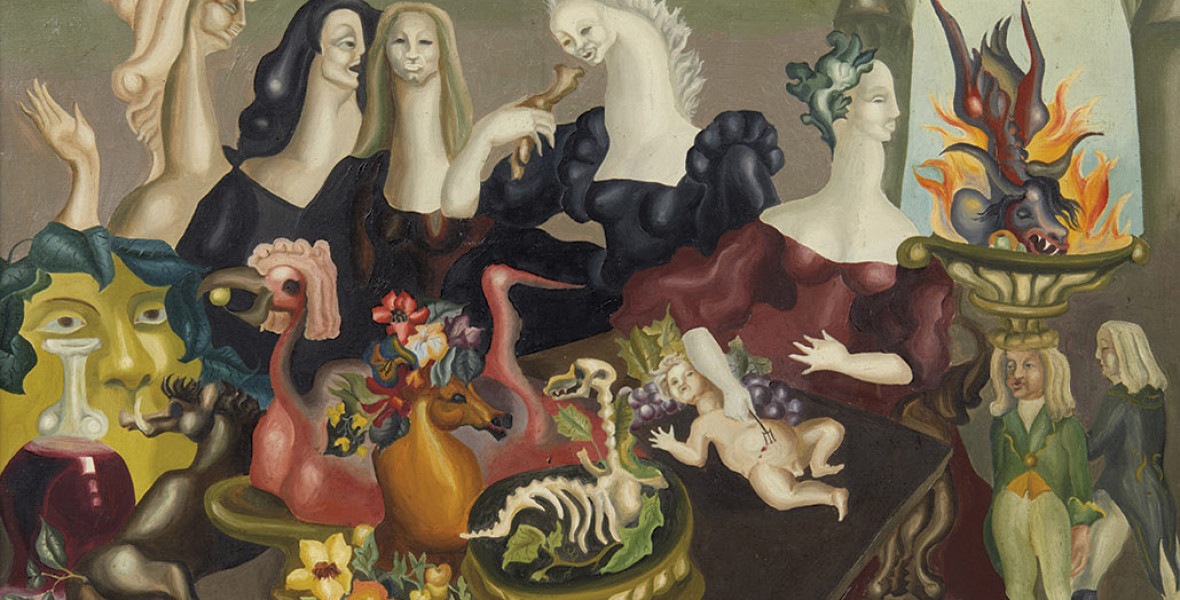 Leonora Carrington: The Meal of Lord Candlestick c. szürrealista festménye - konyvesmagazin.hu